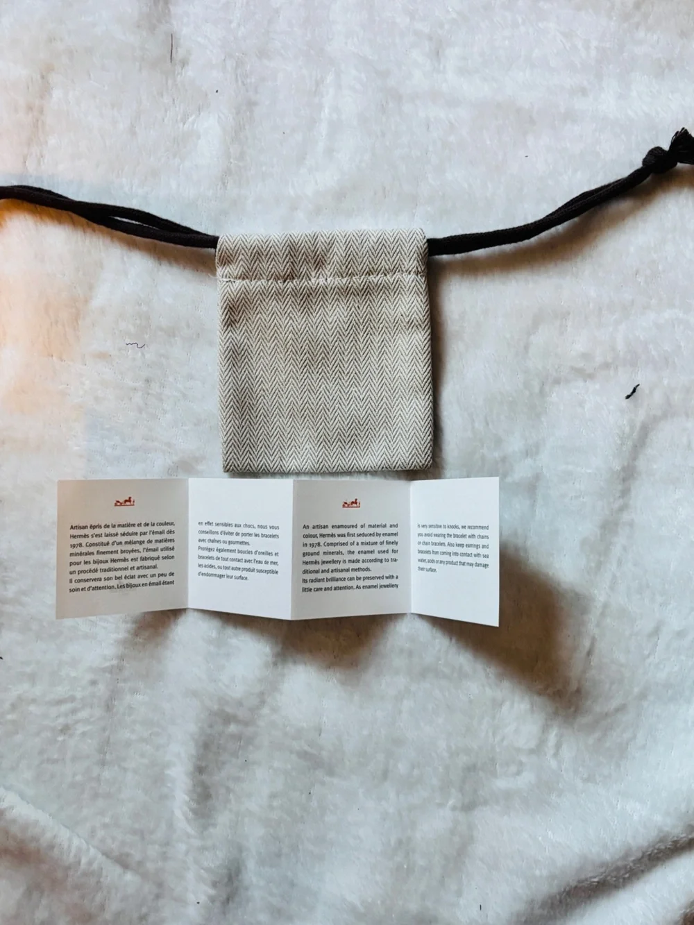 Hermès Paris Jewelry Pouch Herringbone Drawstring + Care Booklet